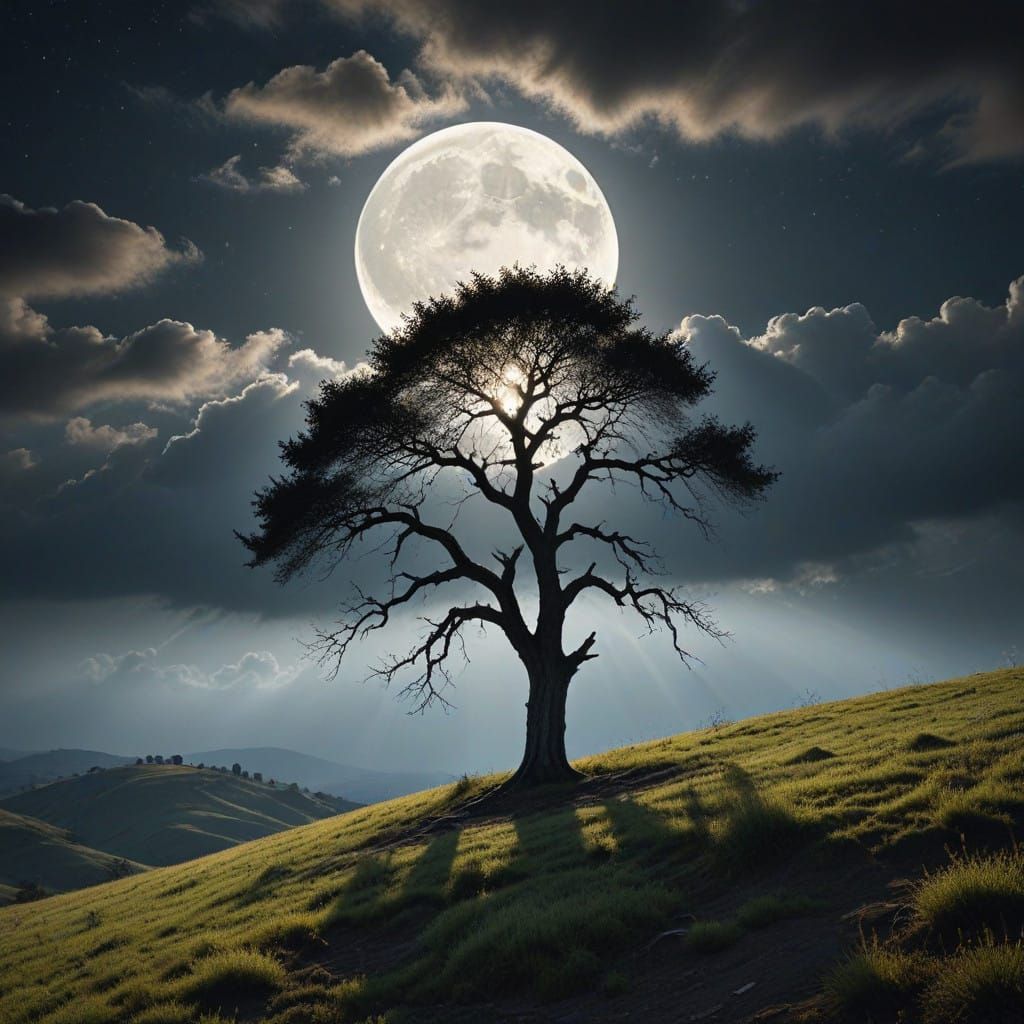 Ethereal Tree Silhouette Under Full Moonlight