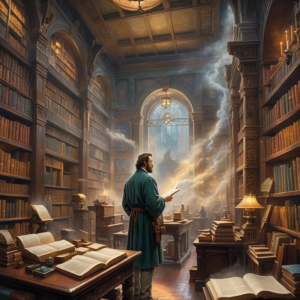 Scholar Surrounded by Antique Books in Ethereal Style