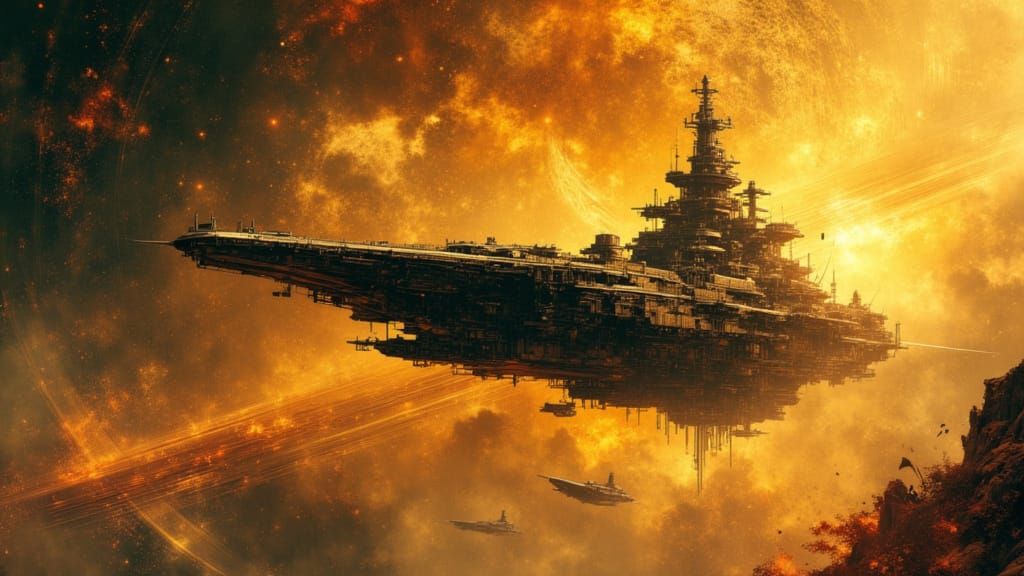 Space Dreadnaughts Near Ringed Planet in Nebula