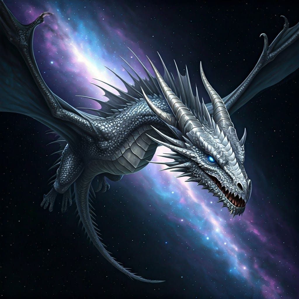 Majestic Silver Dragon Soars Through the Cosmos