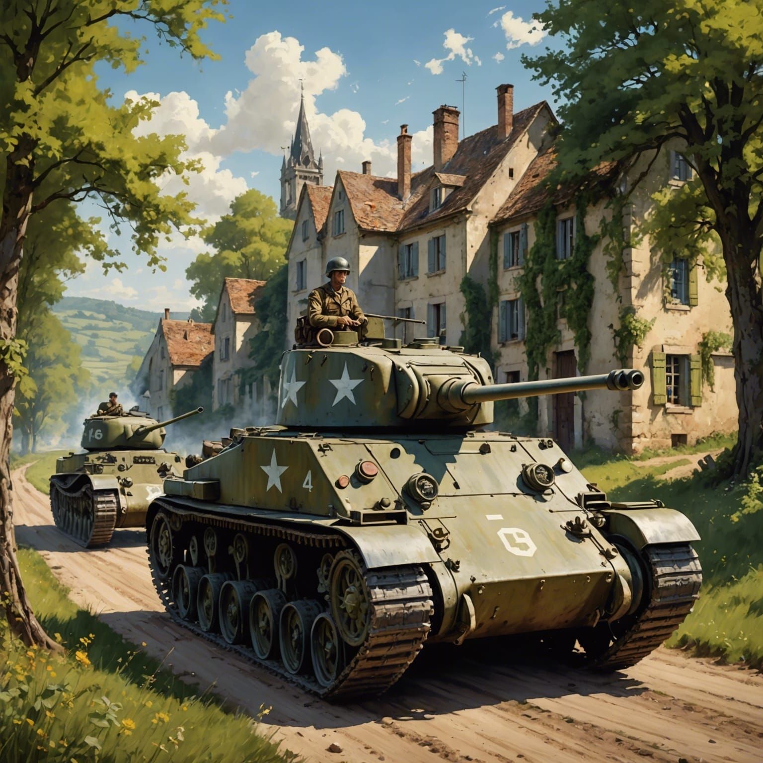 Sherman Tank in French Countryside, Vintage Illustration