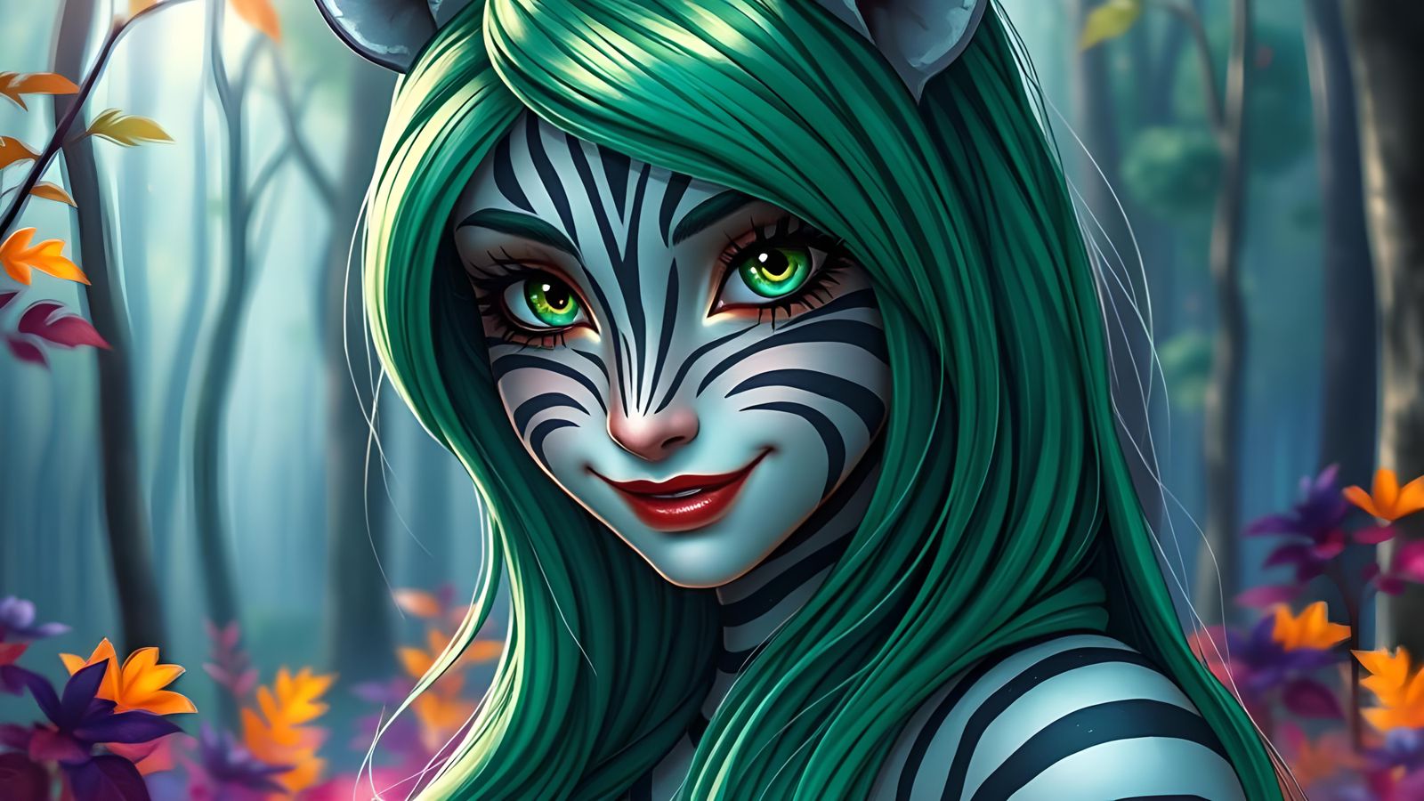 Zebra Striped Princess with Jade Hair, Digital Art