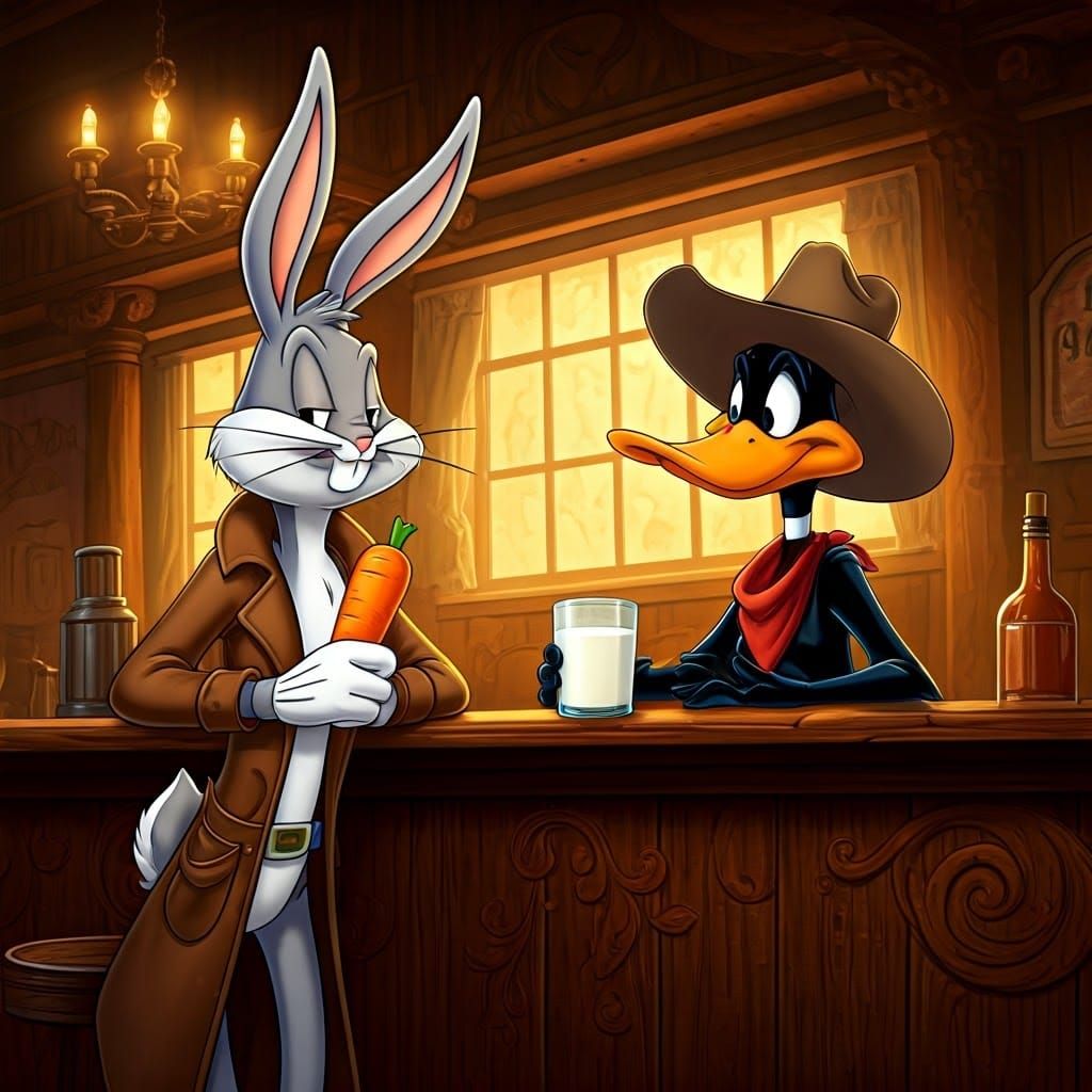 Ink Drawing of Bugs Bunny and Daffy Duck in an Old West Salo...