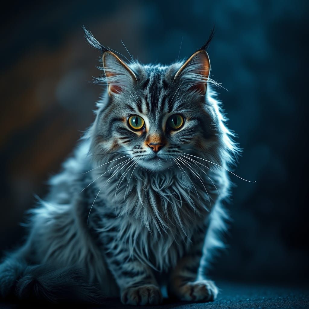Majestic Grey Ragamuffin Cat in Dramatic Shadows