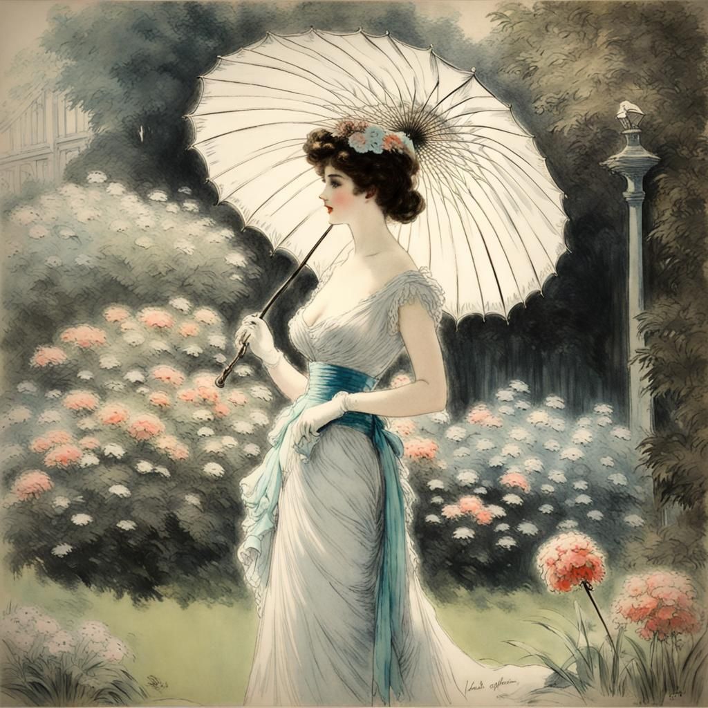 Elegant Woman with Parasol: Vintage Art Deco Etching