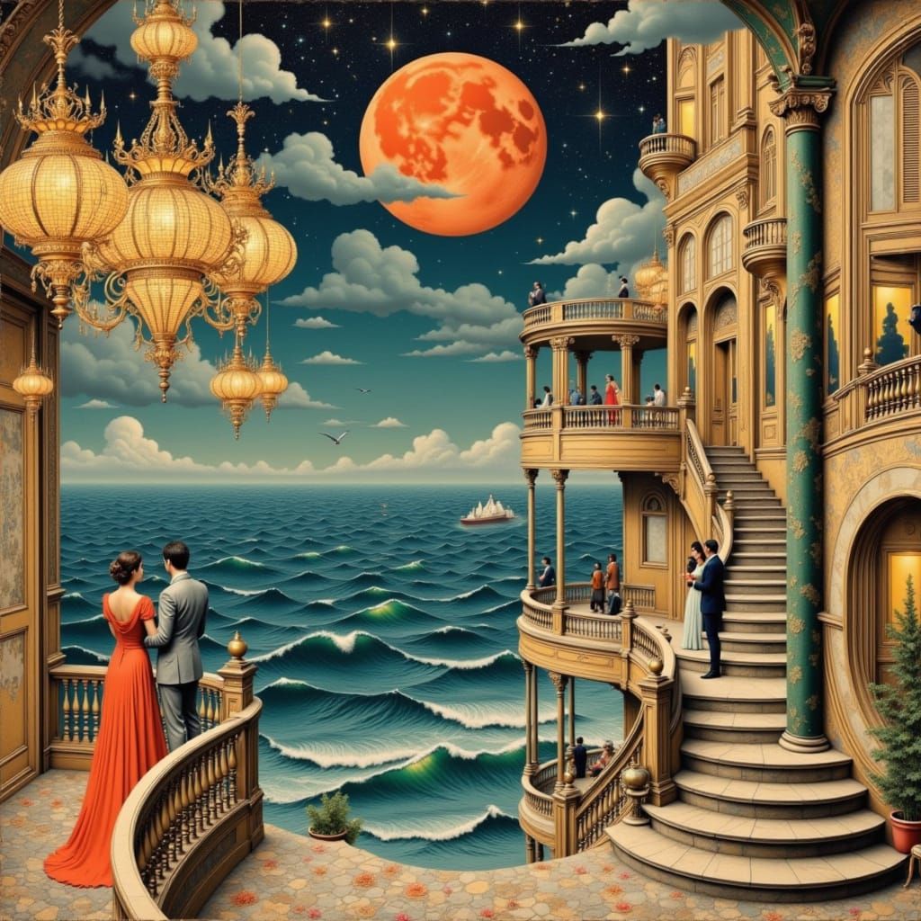 Opulent Interior with Crystal Chandeliers and Ocean View