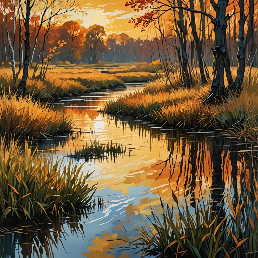 Creek Sunset in Van Gogh Vaporwave Style