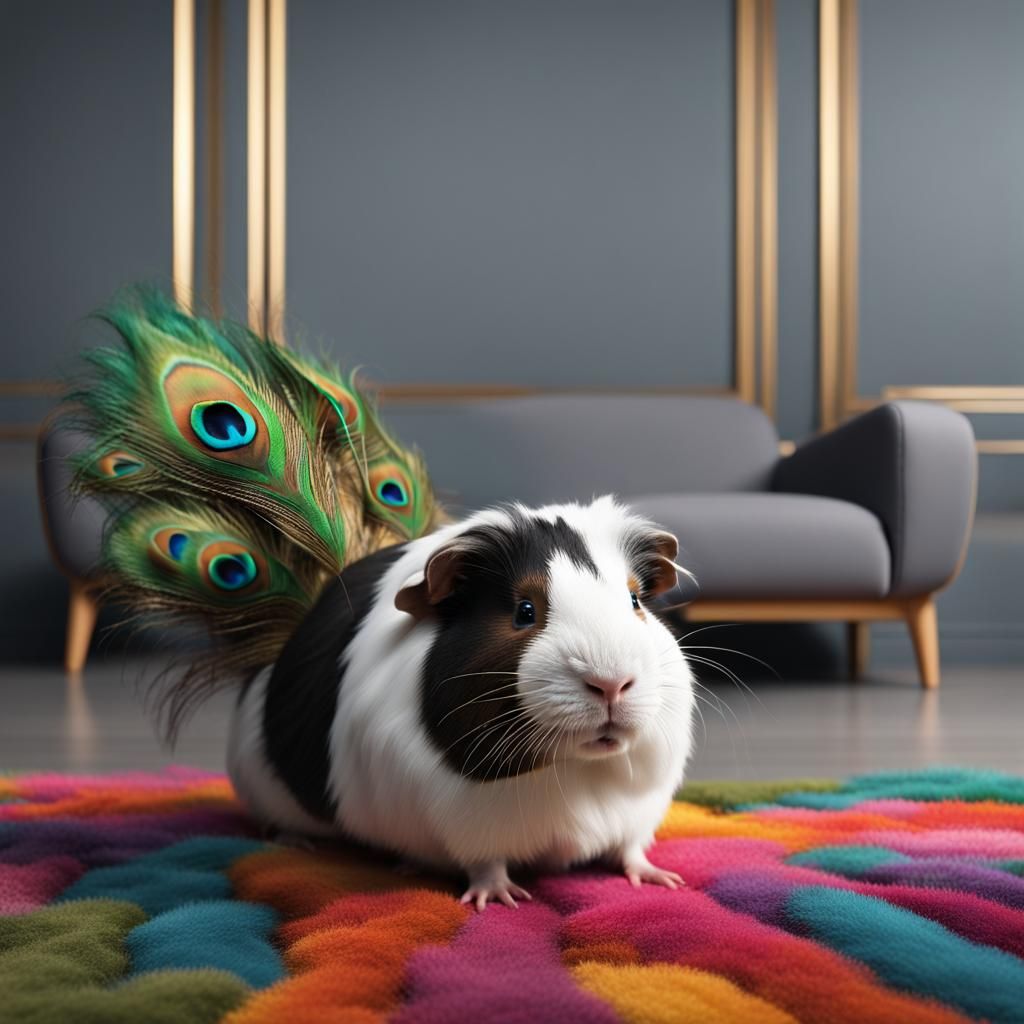 Guinea Pig with Peacock Tail in Modern Lounge