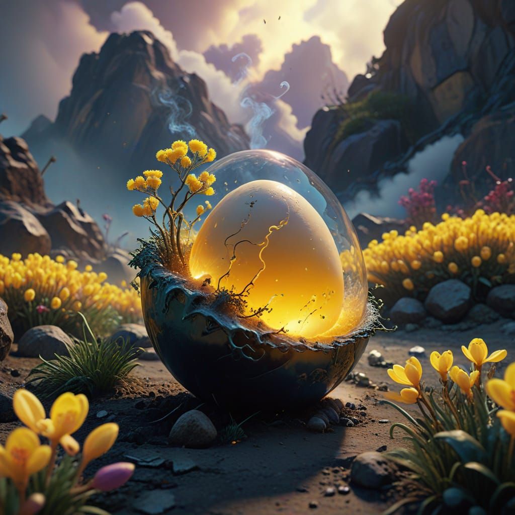 Surreal Spring Landscape in a Glowing Egg, as Hyper-Realisti...