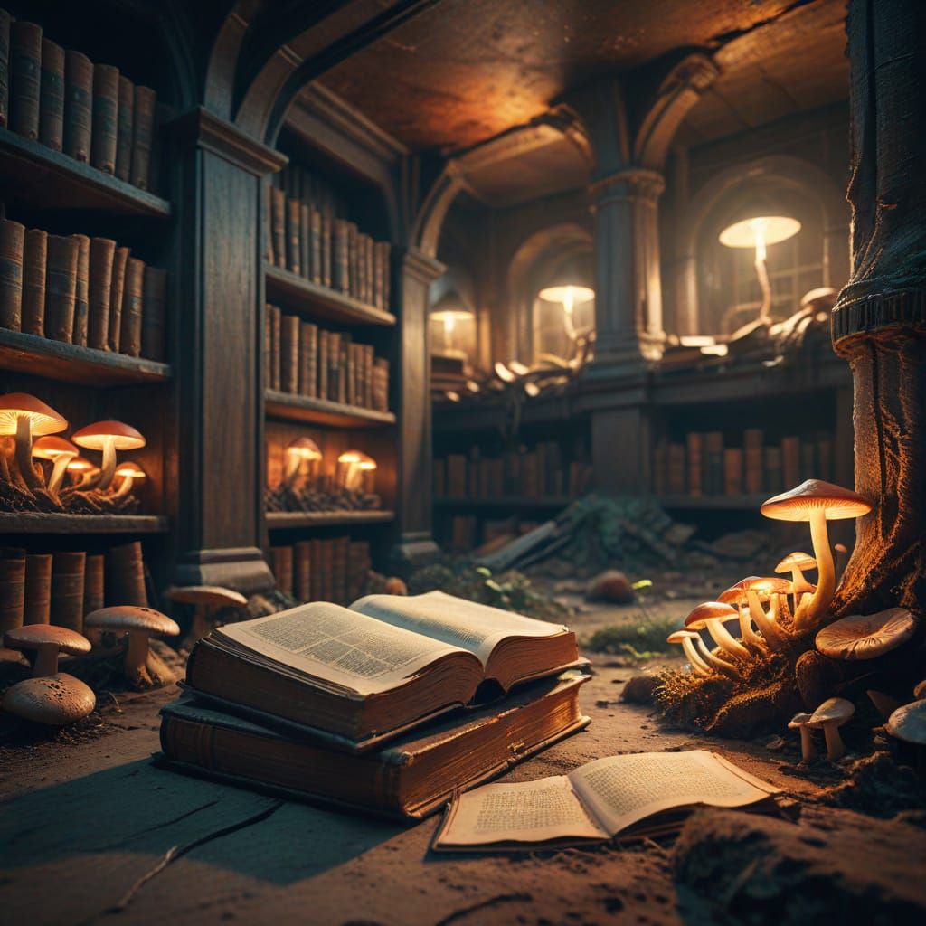 Underground Library with Glowing Fungi: Fantasy Art