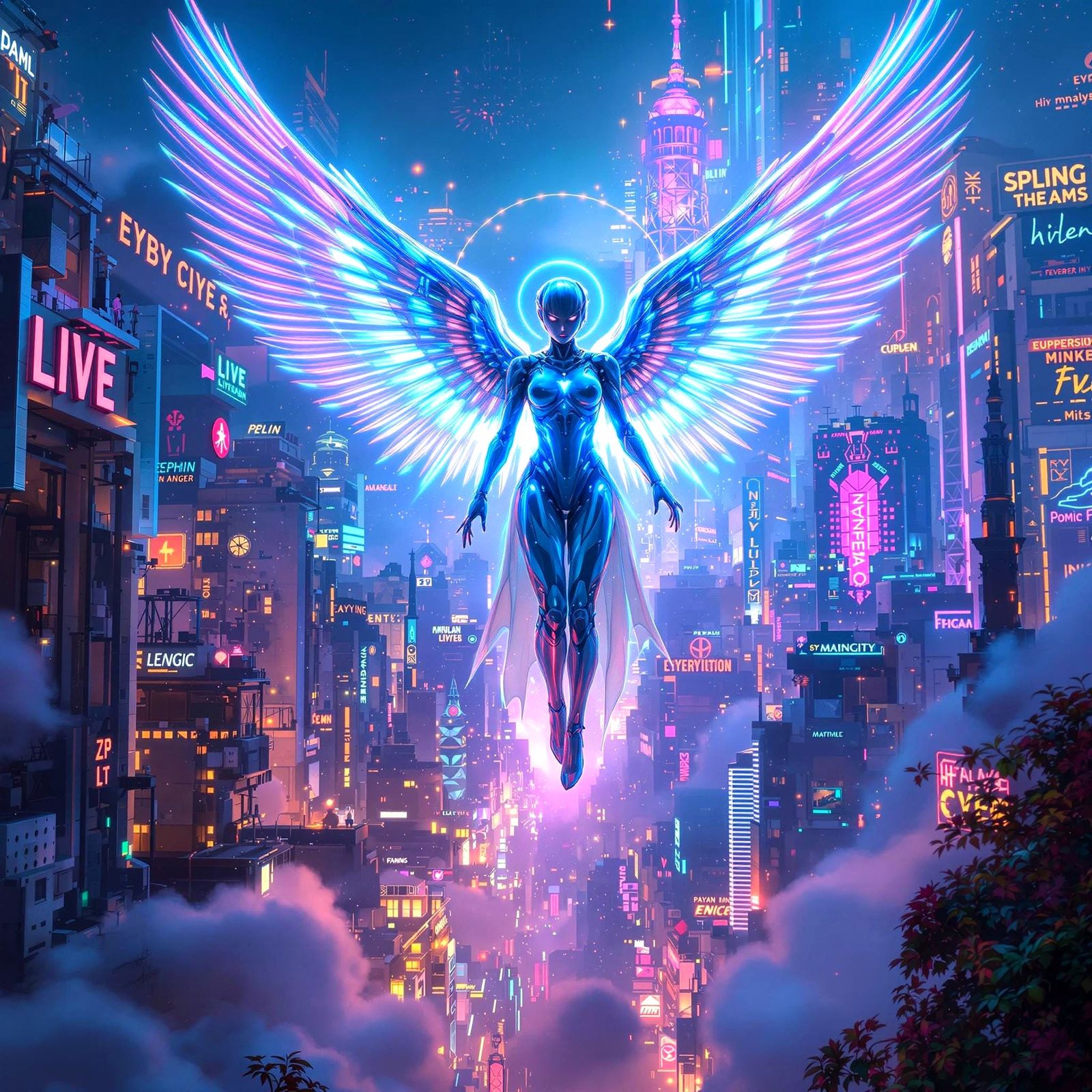 Ethereal Cyberpunk Angel Soars Above Neon City of Heaven