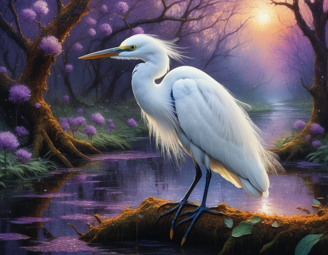 Snowy Egret in Fairy Spring Landscape