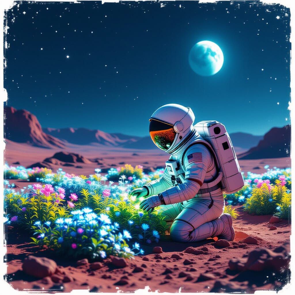 Astronaut Tends Bioluminescent Garden on Mars, Earth Glow
