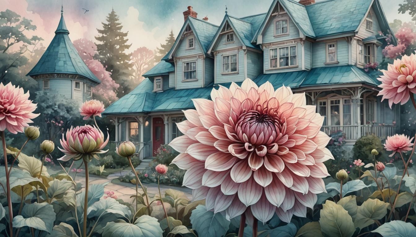Fantasy Garden Dahlia in Watercolor Style