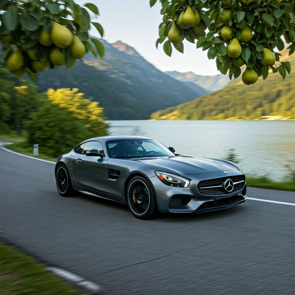 Dark Gray Mercedes-AMG GT on Mountain Road at Sunrise