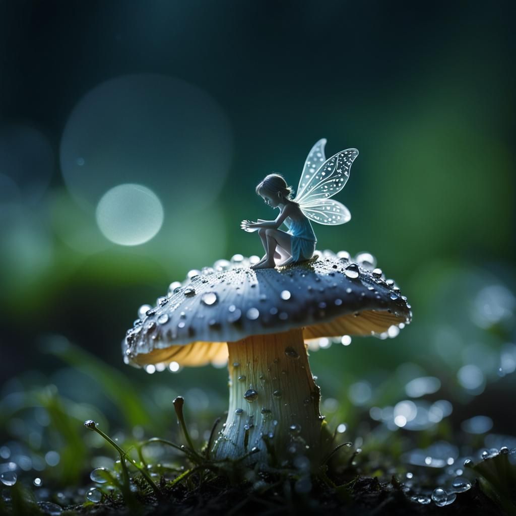 Macro photography of a tiny fairy sitting on a mushroom. Dew drops reflect the morning light. monochromatic