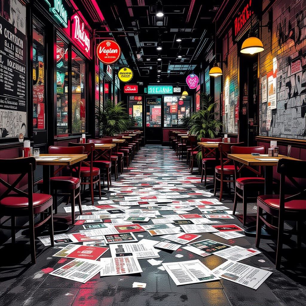 Vegan Restaurant Floor with Scattered Posters in Urban Art S...