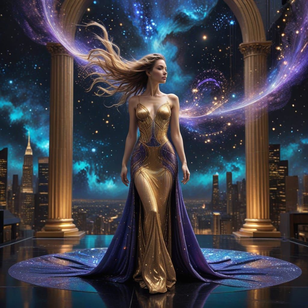 Celestial Star Lady on Stage in Klimt Art Deco Style