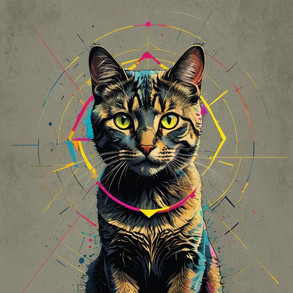 Neon Cat Pop Art in Geometric Bauhaus Style