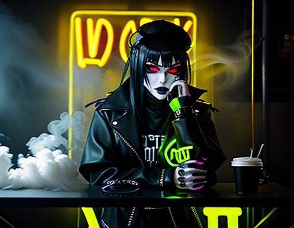 Goth Model in Neon-Lit Cyberpunk Coffee Shop