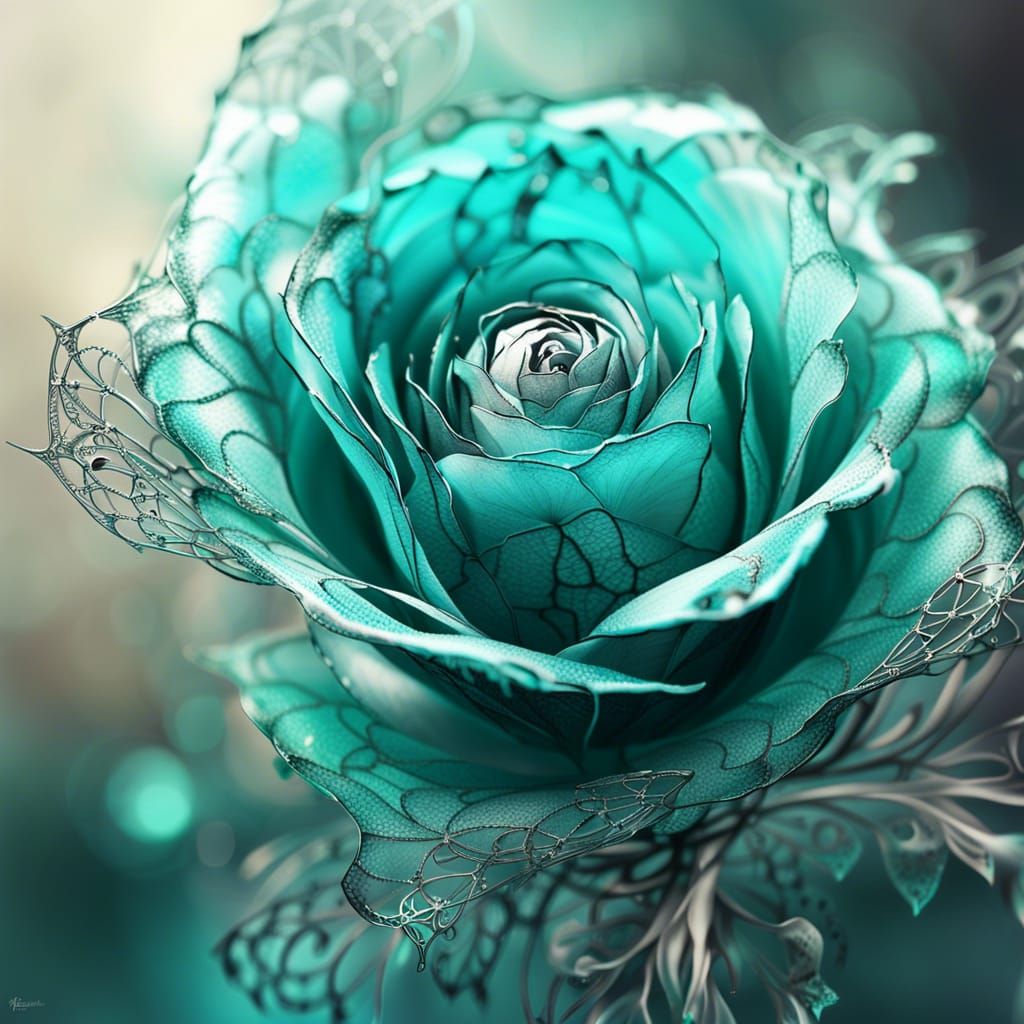 Filigree Fractal Turquoise Rosebud in Pastel Ink