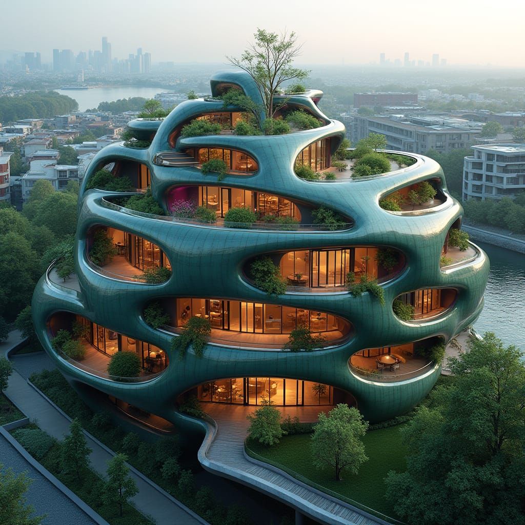 Futuristic Organic Flower Building with Green Facades