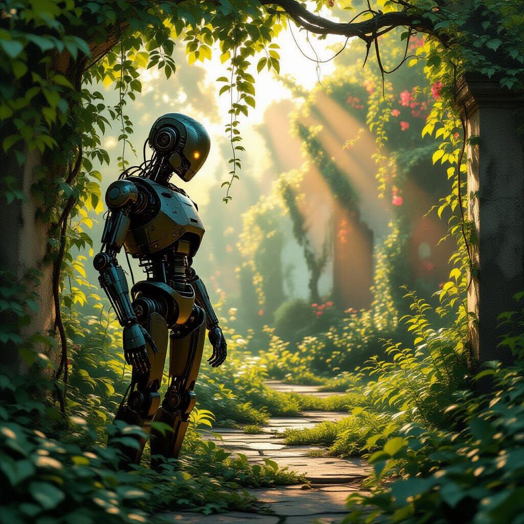 Weathered Automaton in Overgrown Alien Garden