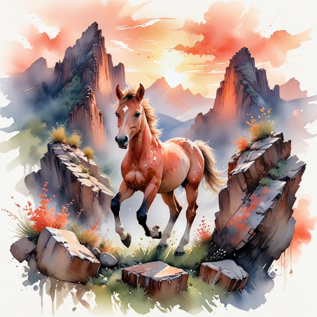 Direhorse Foal Galloping on Floating Mountains at Dawn