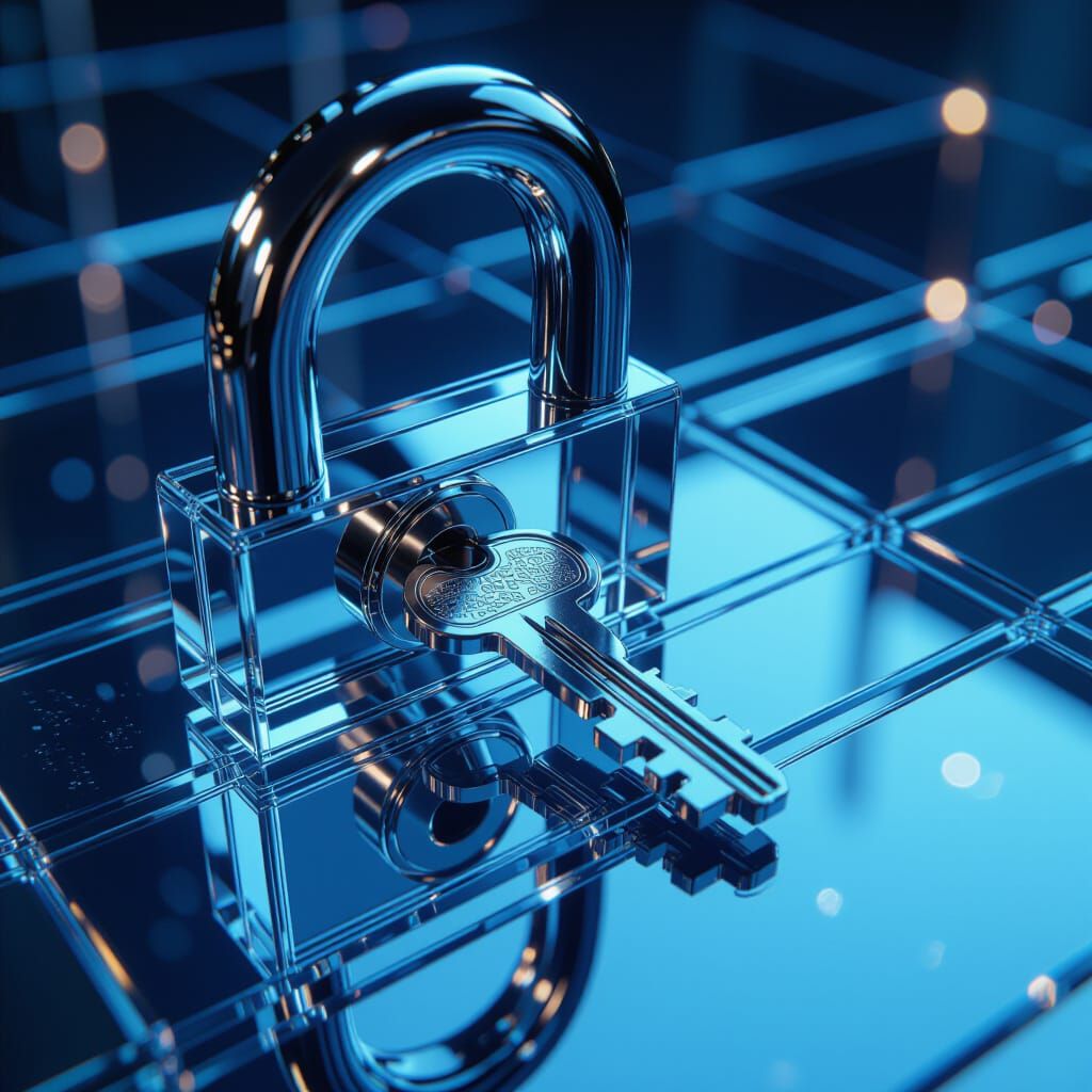 Futuristic Key Enters Transparent Glass Lock, Macro Photogra...