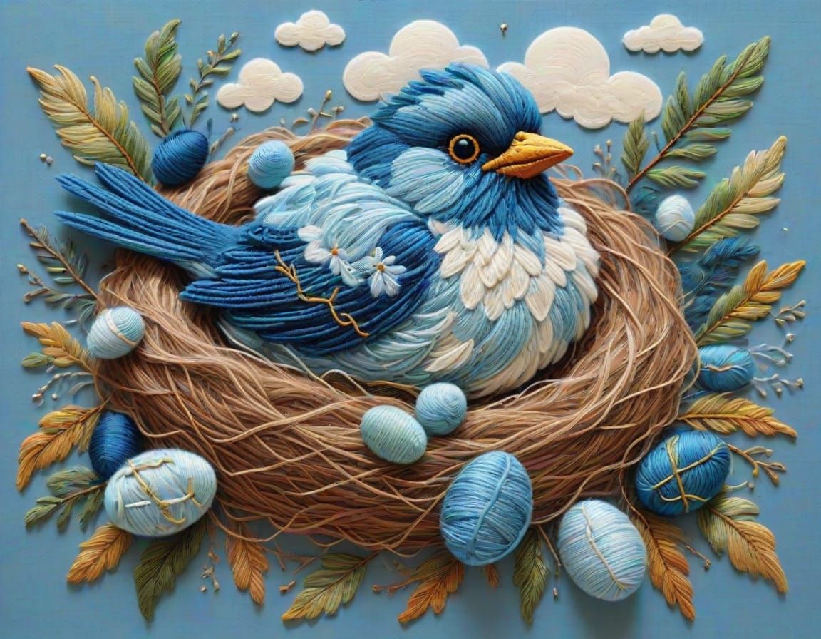 Needlepoint Blue Bird with Nest and Eggs