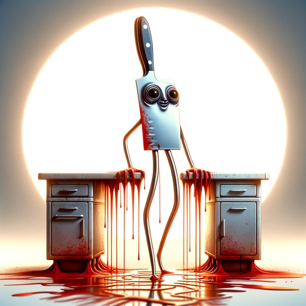 Scary Cartoon Knife Character on Eerie Kitchen Counter