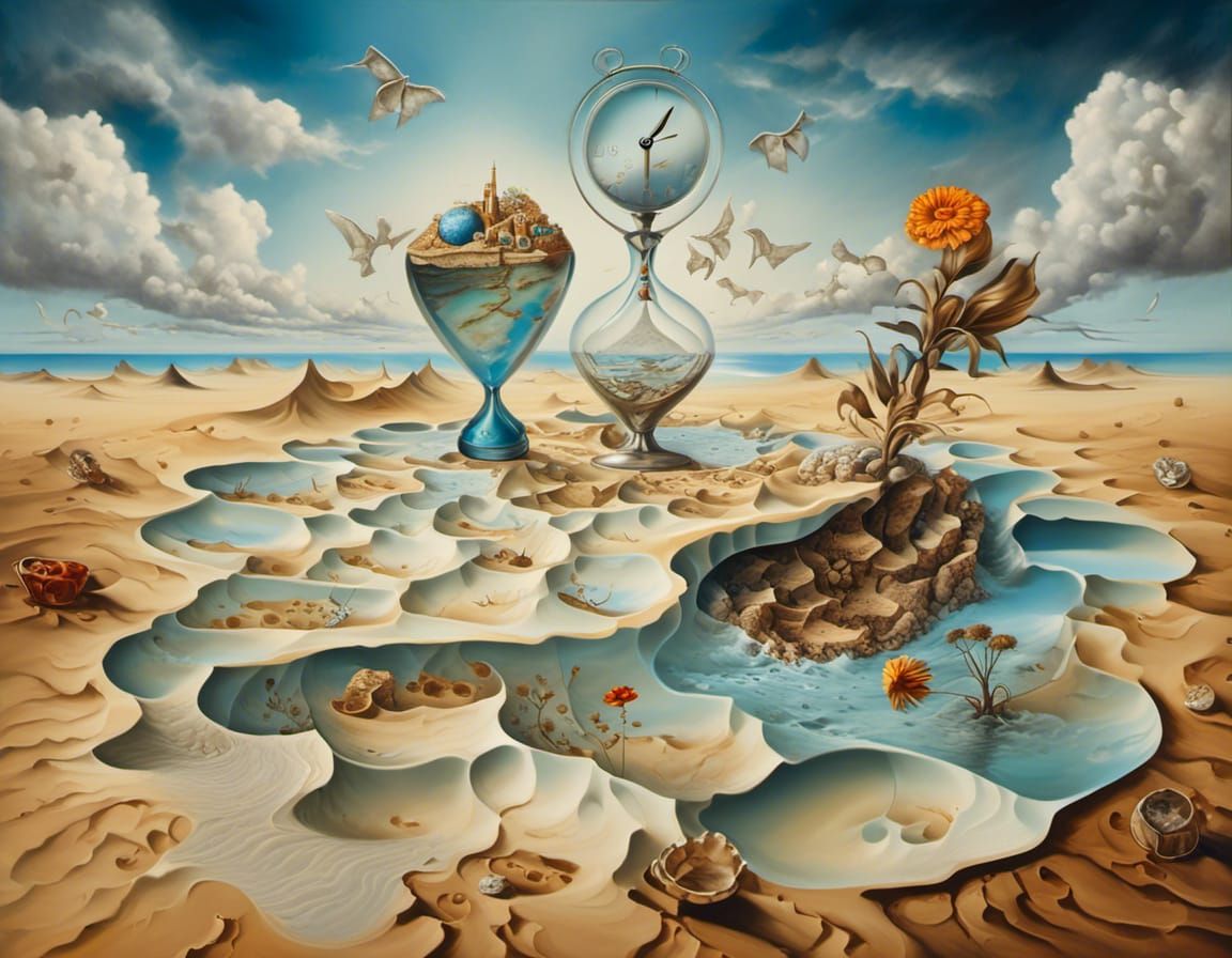 Surreal Desert Landscape with Keyboard and Hourglass