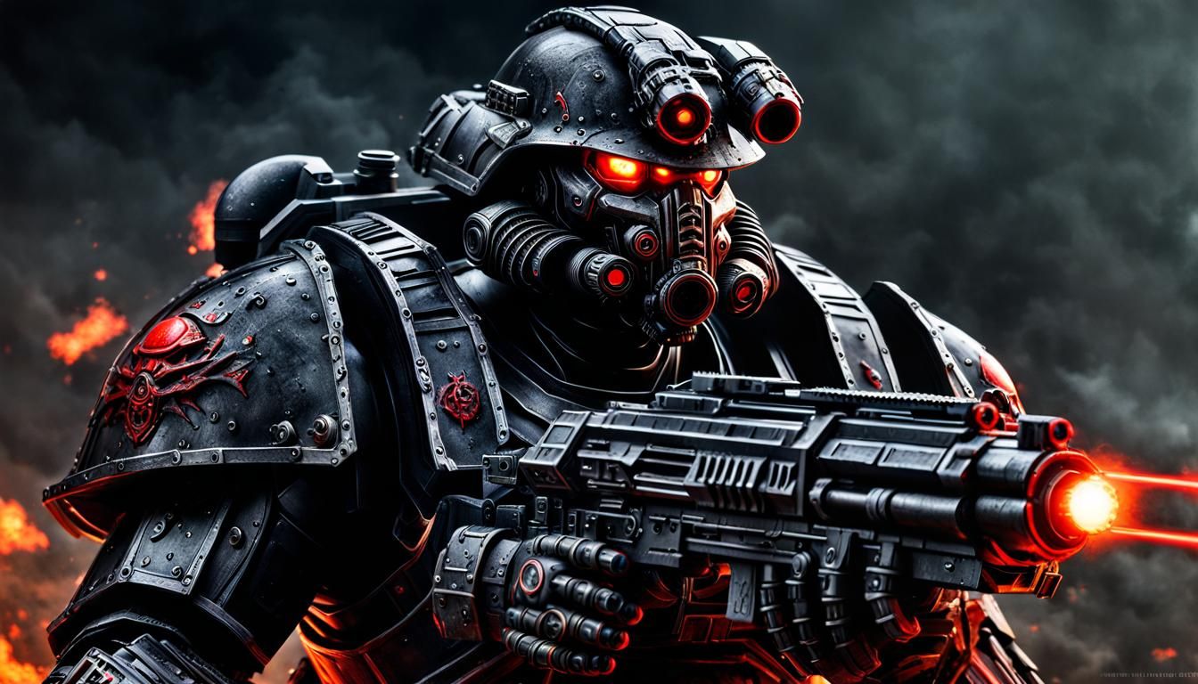 Hyperrealistic Doom Marine with Railgun and Glowing Eyes