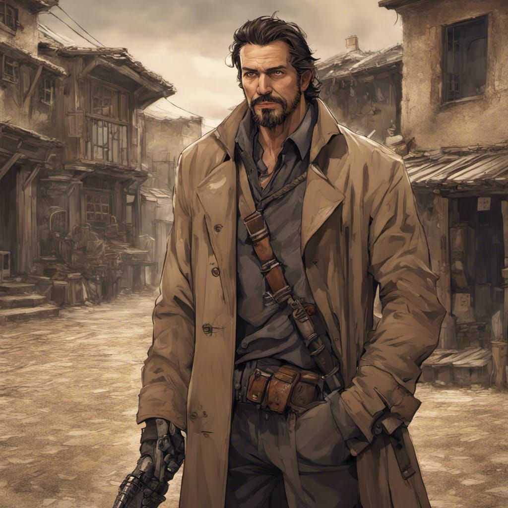 Gunslinger with Robotic Arm in Old Village