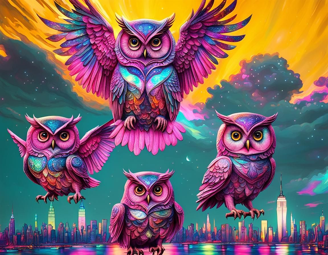Cosmic Pink Owls Over New York City