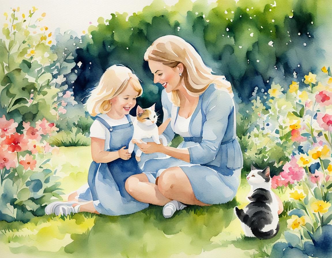Watercolour Painting of Mother and Child with Kitten