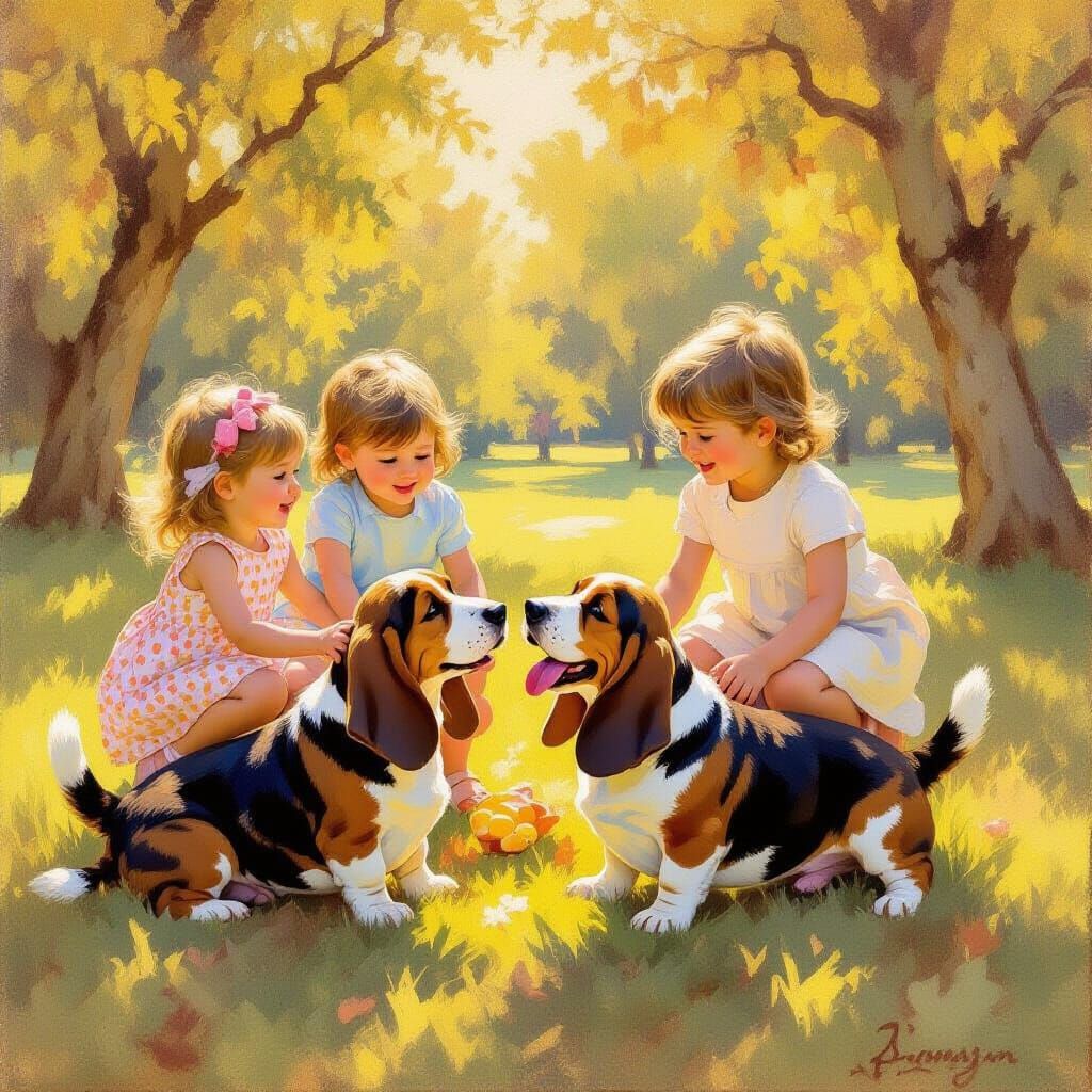 Basset Hounds Play with Children in Sunlit Park