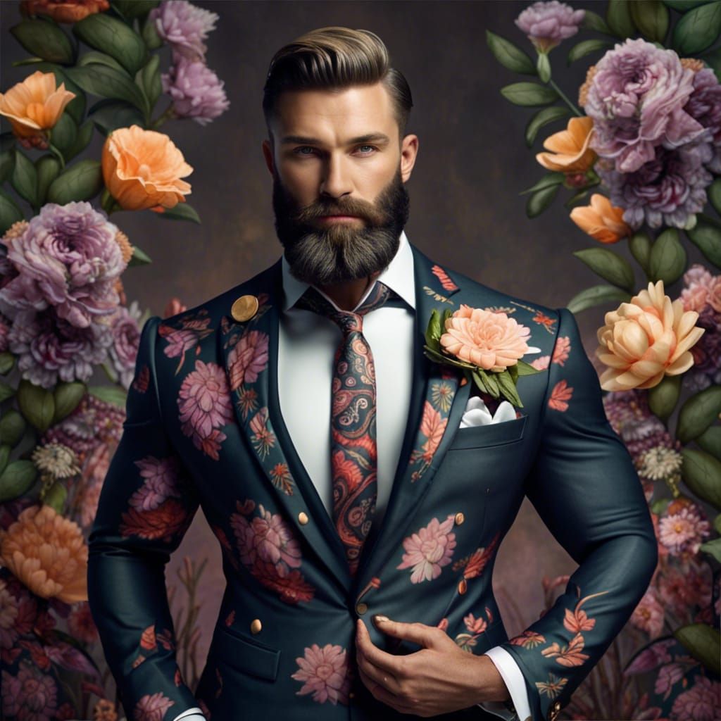 Handsome Man in Floral Suit in Formal Gardens