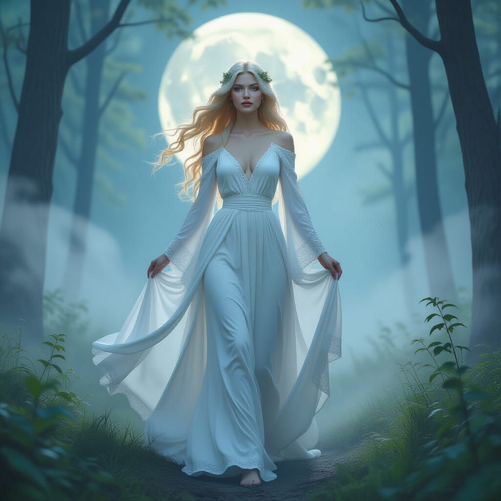 Ethereal Goddess in Misty Forest, Art Nouveau Style