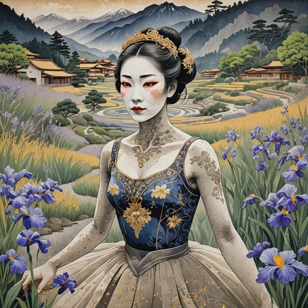 Ukiyoe Ballerina in Zen Garden Landscape