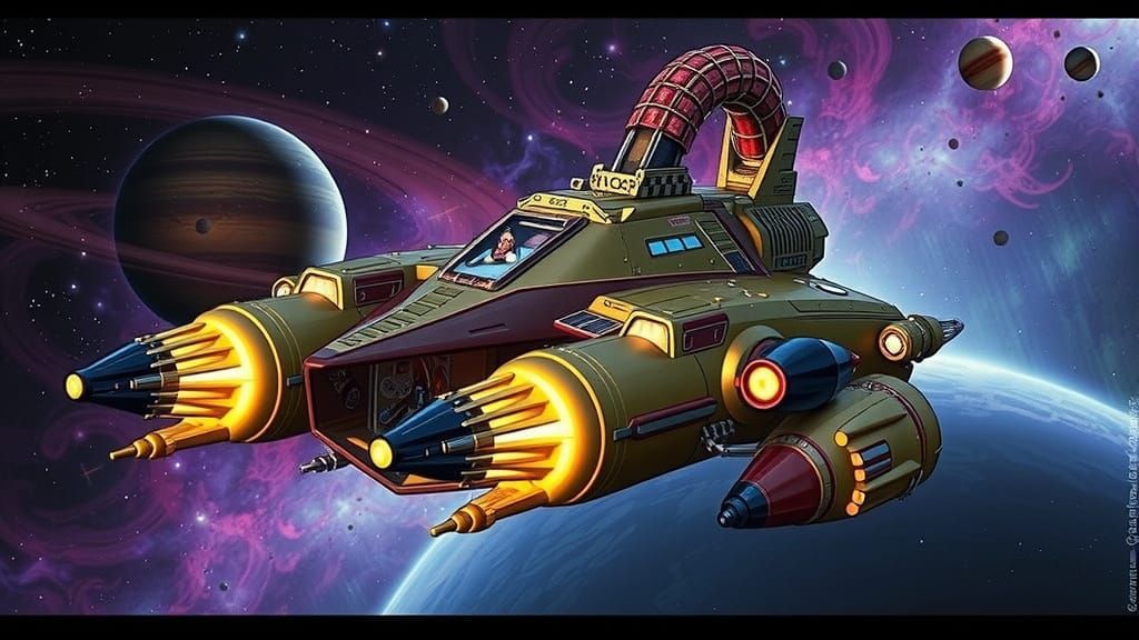 Psychedelic Solarpunk Starship Soaring Near Saturn