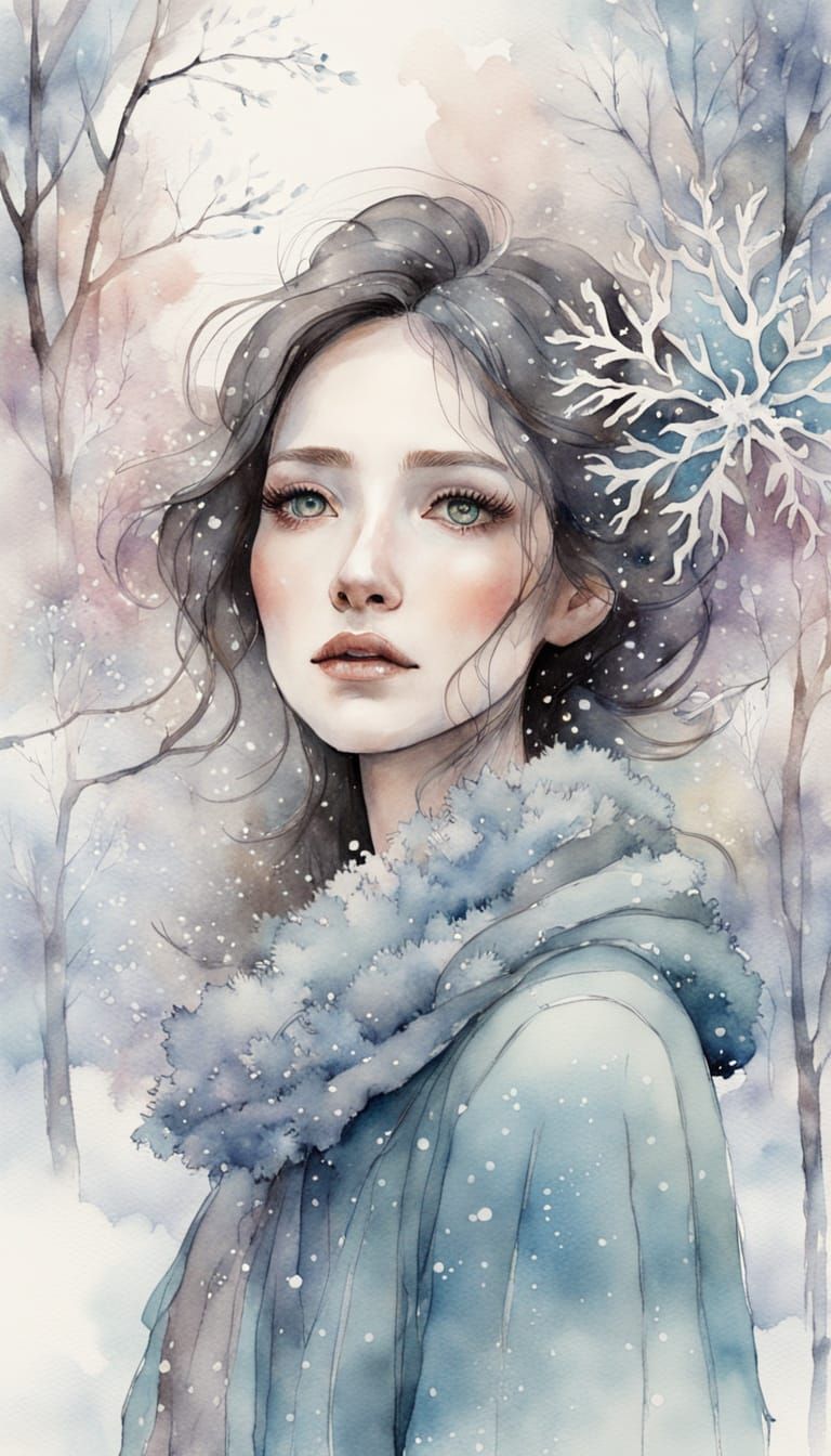 Whimsical Watercolor Portrait of a Young Lady in Snowy Seren...