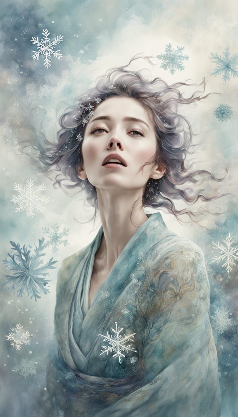 Dreamy Watercolor Portrait of a Young Lady in Snowy Landscap...