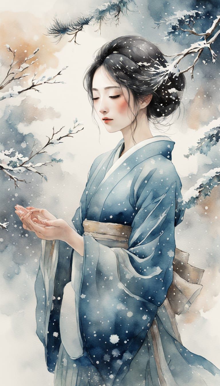Watercolor Portrait of a Young Lady in Snowy Serenity