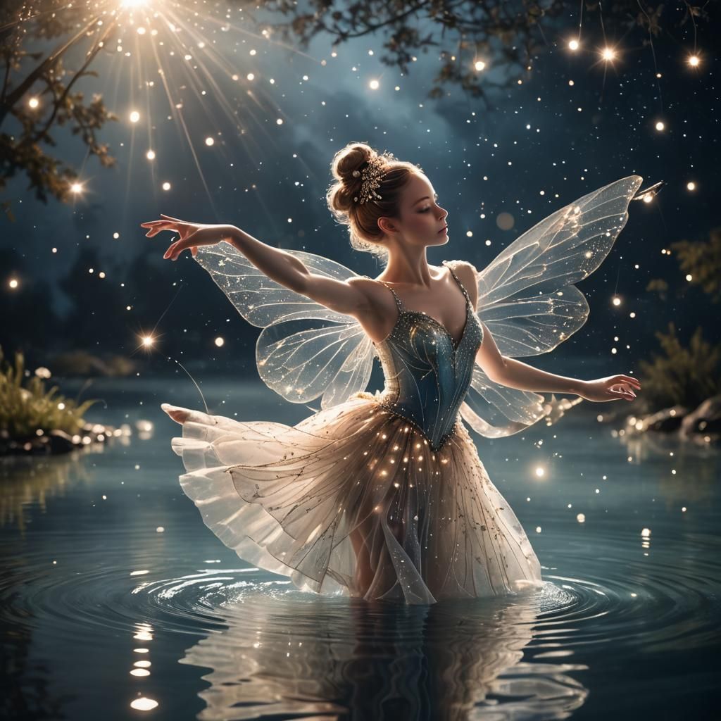 Ethereal Fairy Ballerina Dancing on a Reflective Pool