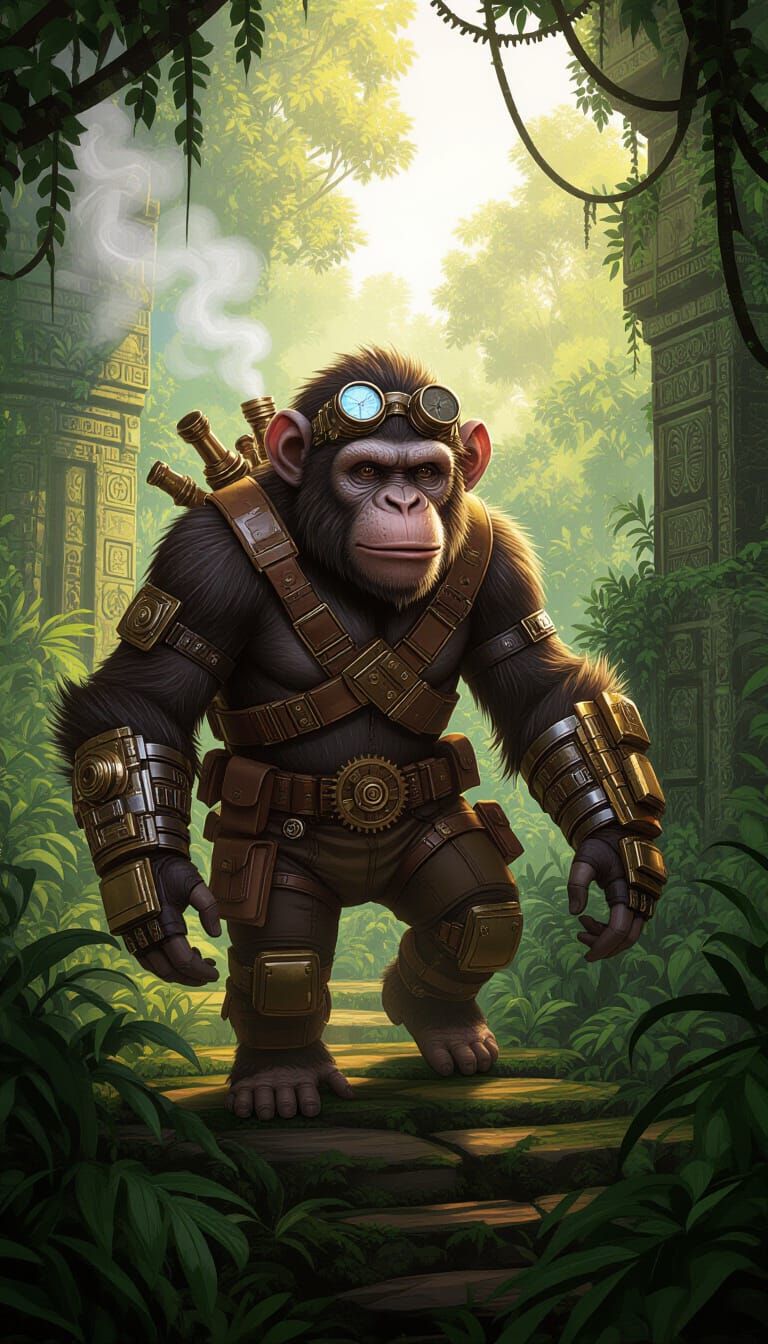 Steampunk Ape Explores Jungle Ruins in Golden Hour