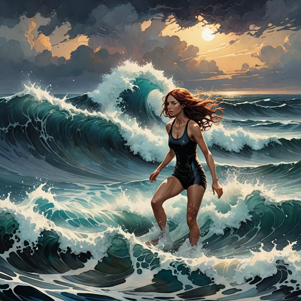 Pixelated Ocean Waves and Swimmer: Digital Art
