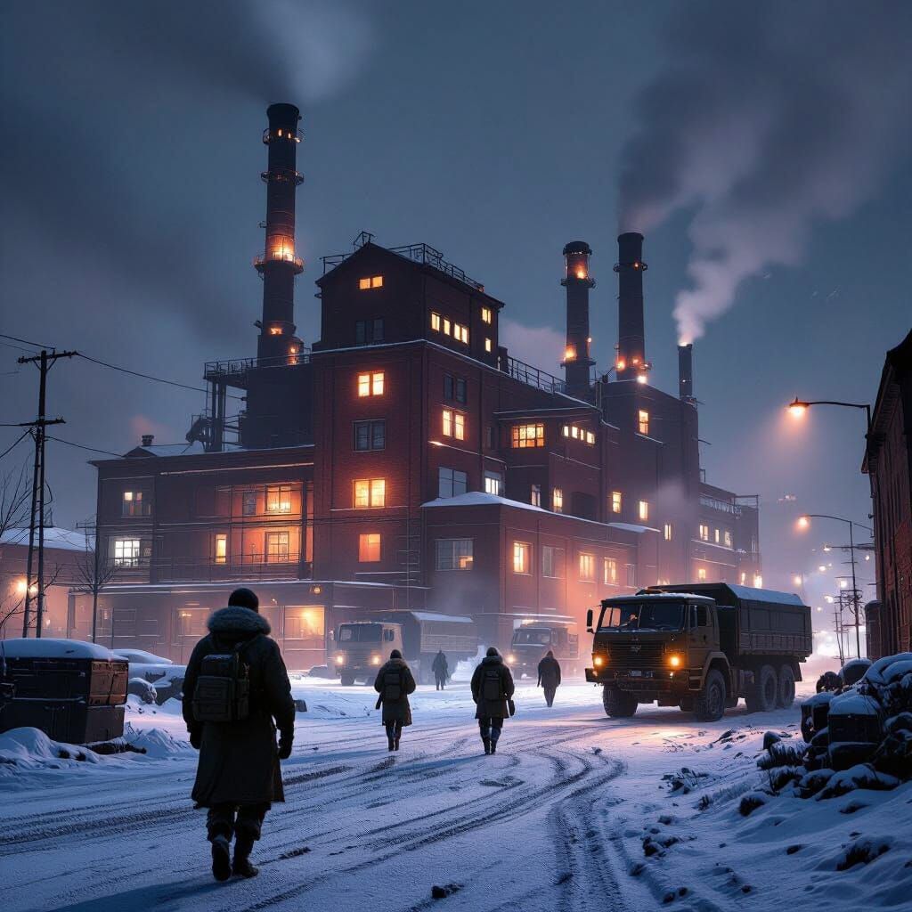 Snowy Industrial Street Scene at Night
