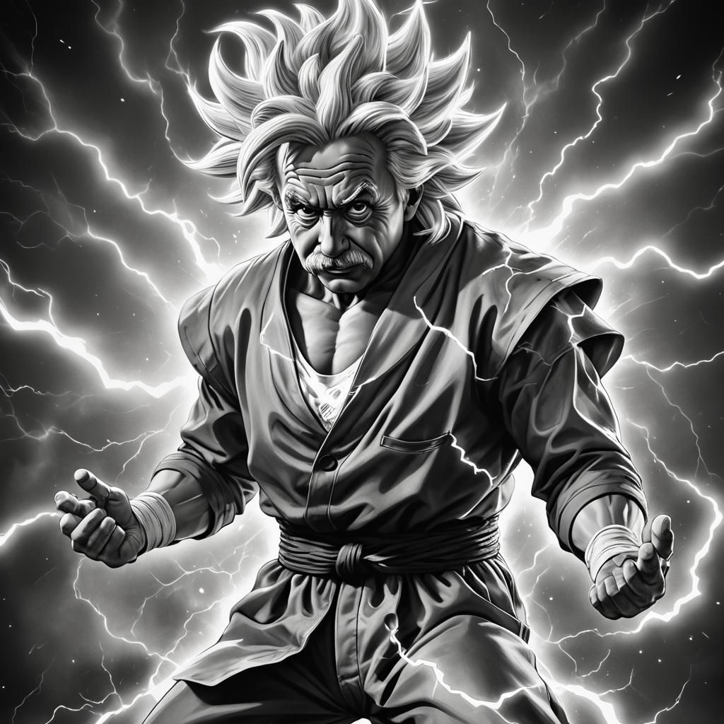 Einstein as Super Saiyan Goku in Black and White