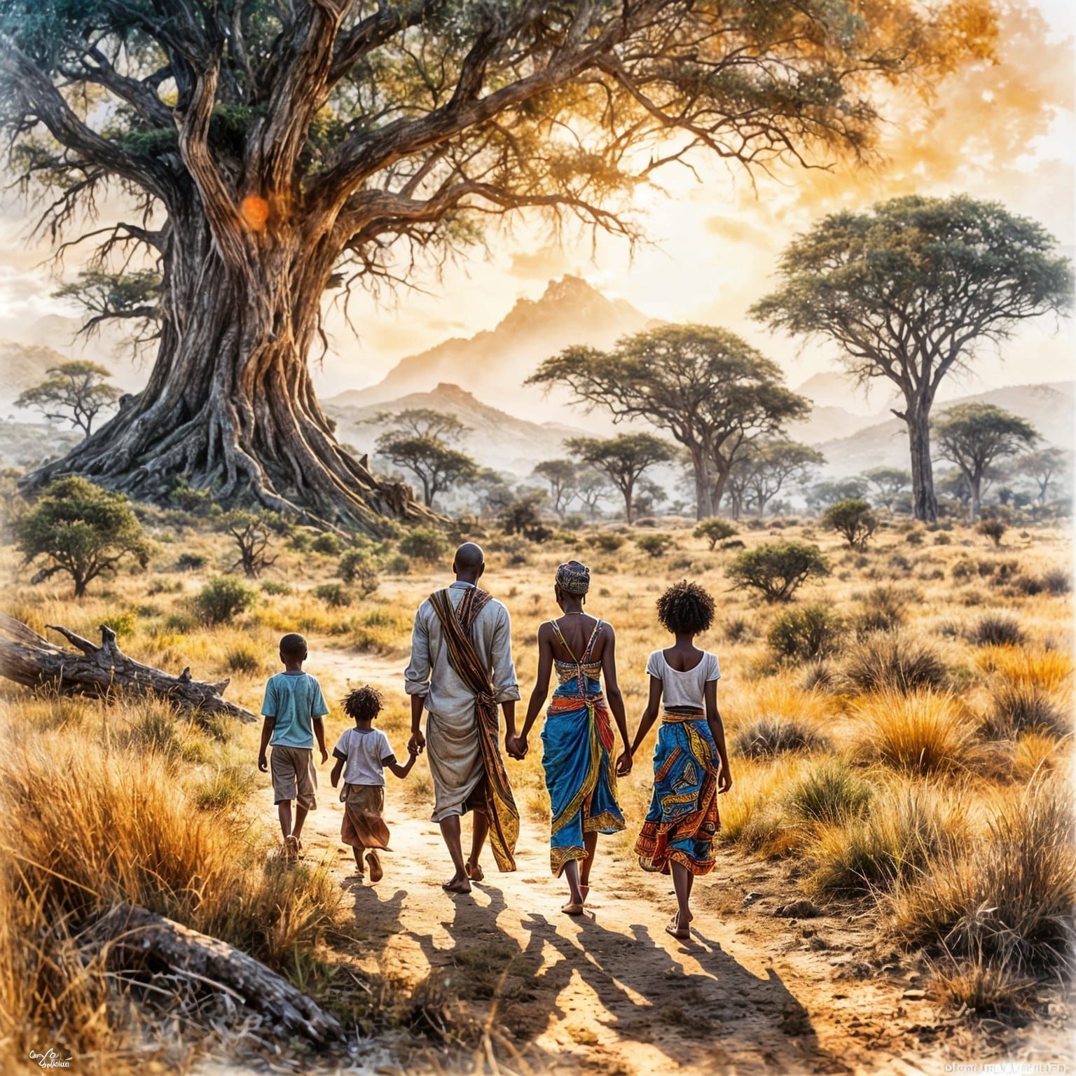 African ethnic painting of a father, mother and sons